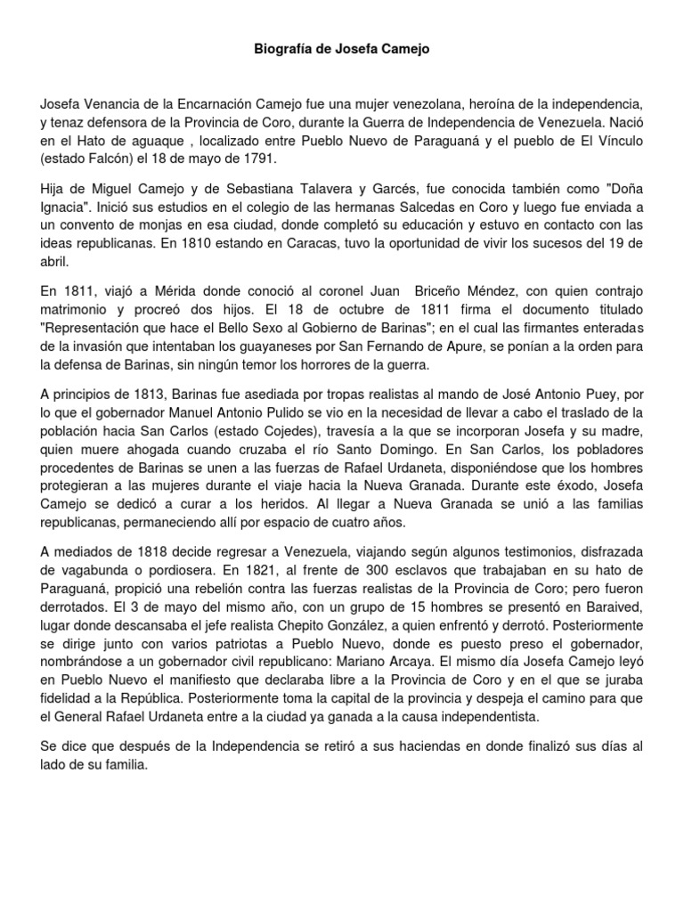Biografía de Josefa Camejo: Heroína Venezolana | PDF | Militares de ...