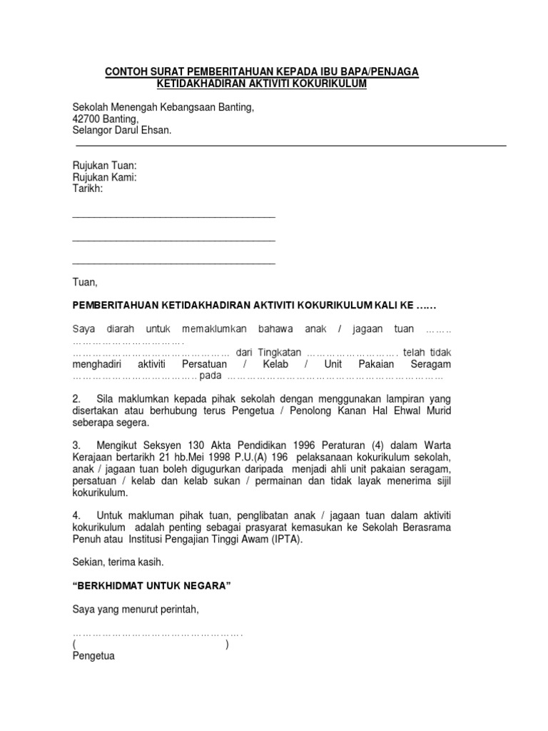 Contoh Surat Pemberitahuan Ketidakhadiran Kepada Ibu Bapa