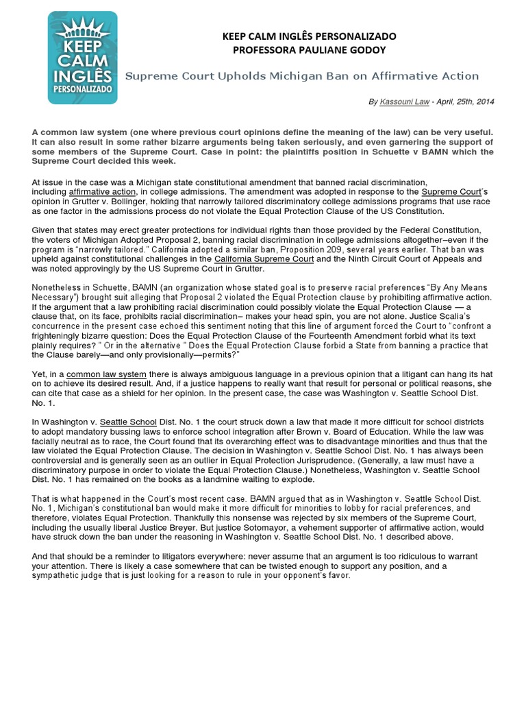 Michigan Affirmative Action Ban Upheld | PDF | Equal Protection Clause ...
