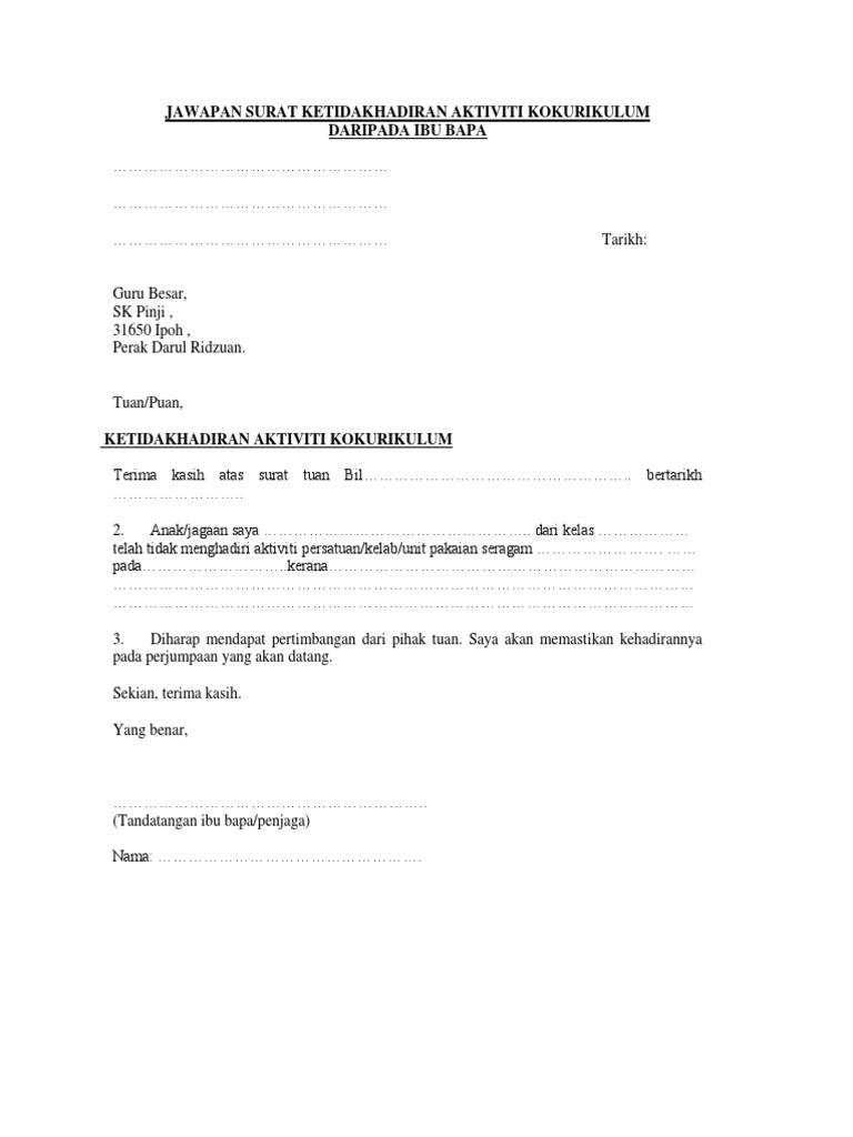 Contoh Jawapan Surat Ketidakhadiran Aktiviti Kokurikulum Pdf