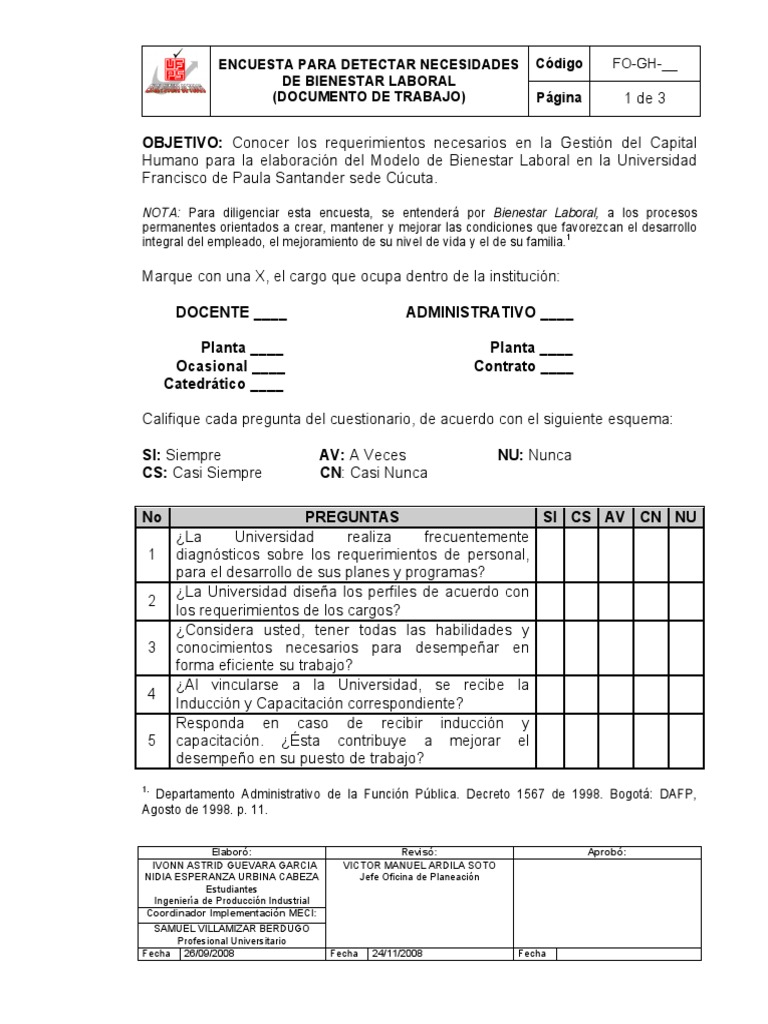 Formato Encuesta Para Detectar Necesidades de Bienestar ...
