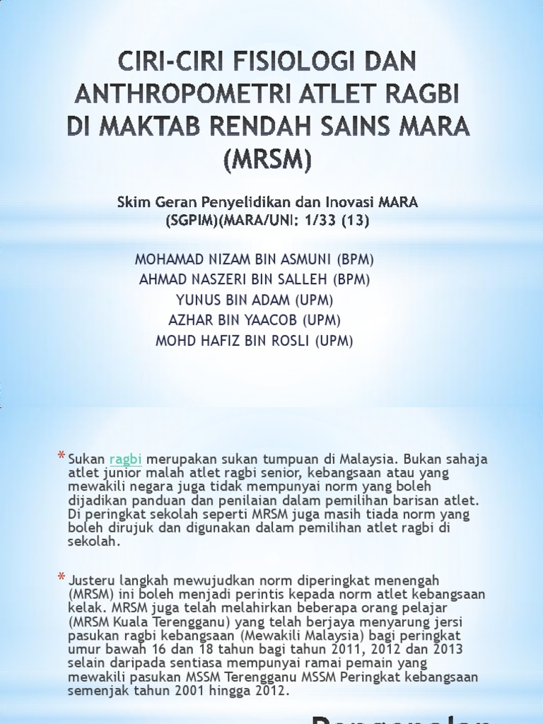 Ciri-Ciri Fisiologi Dan Anthropometri Atlet Ragbi Di Maktab Rendah 