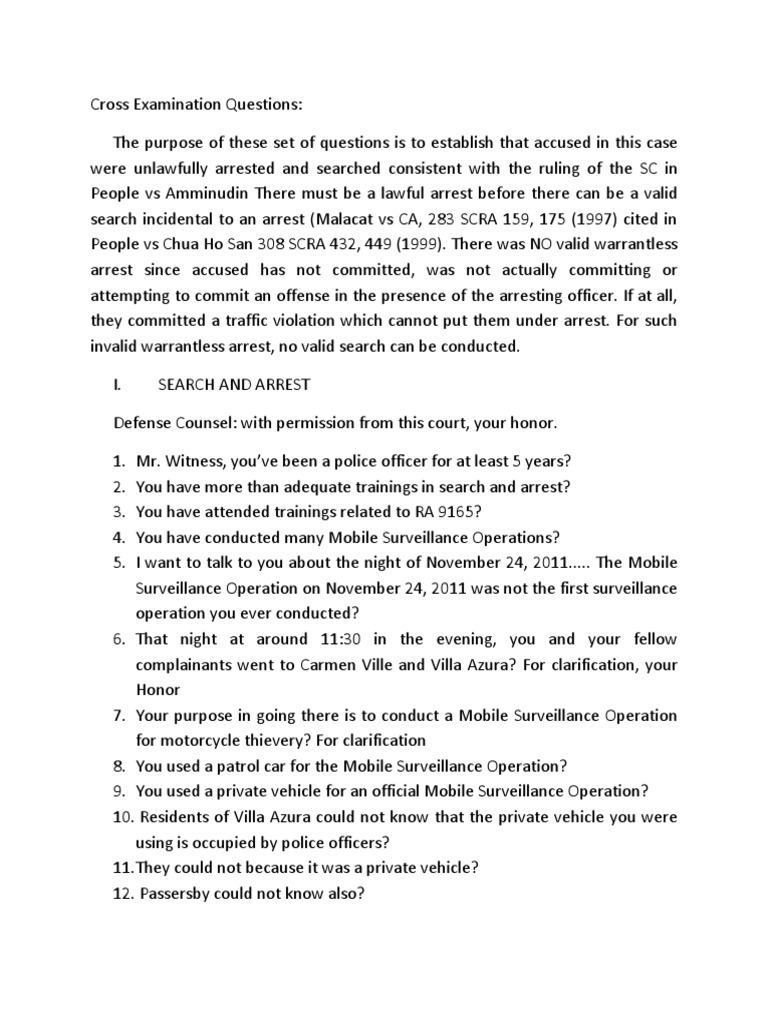 Cross Examination Questions Sort of.doc Arrest Search Warrant