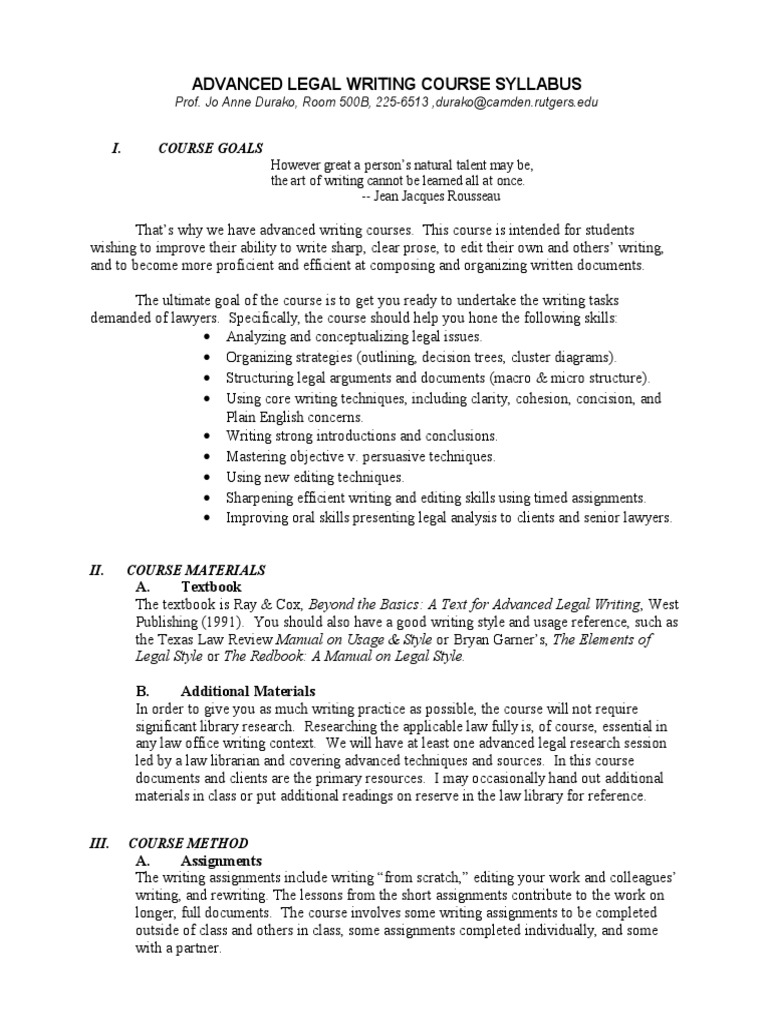 Advanced Legal Writing Course Syllabus | PDF