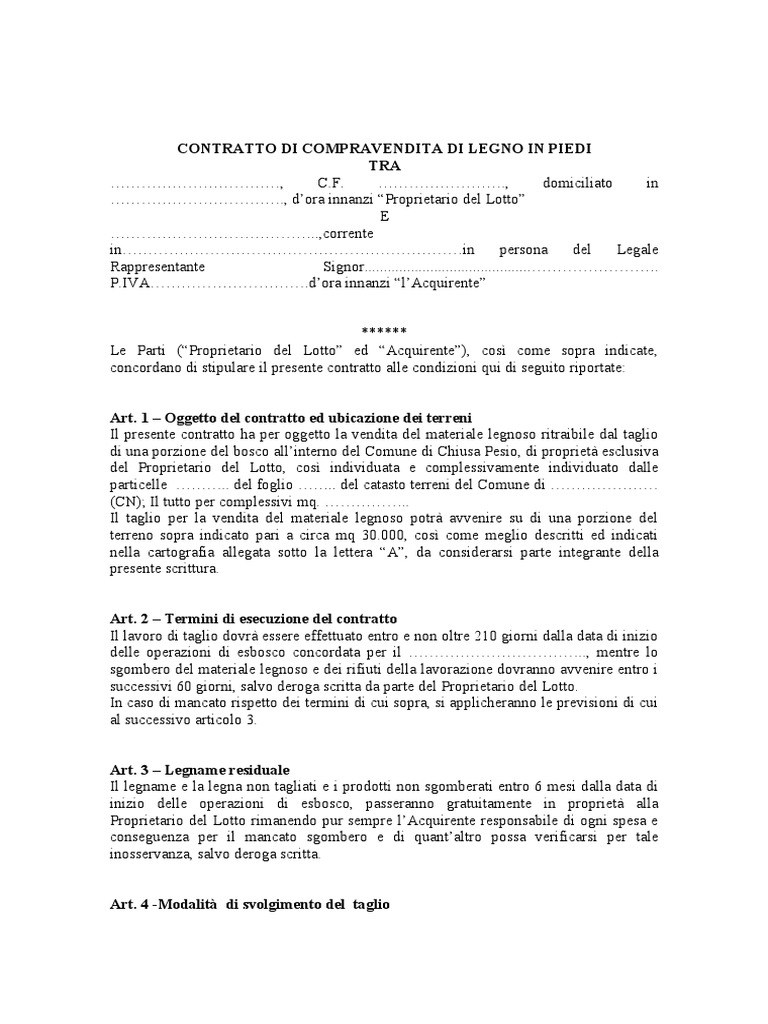bozza contratto di compravendita legno in piedi