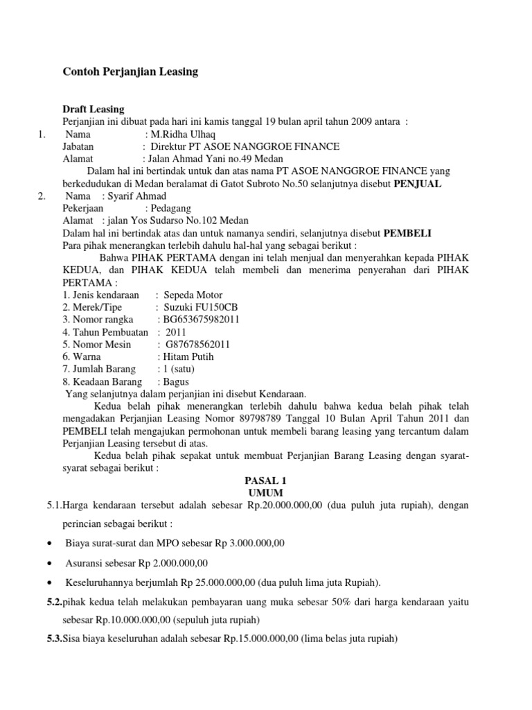 Contoh Perjanjian Leasing