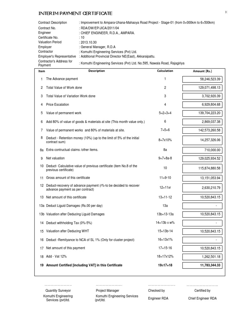 Interim Payment Certificate for Construction | PDF | Drainage | Surveying