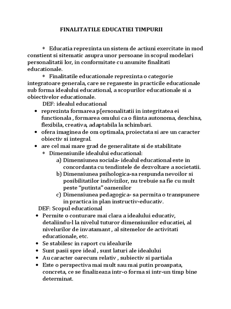 Finalitatile Educatiei Timpurii
