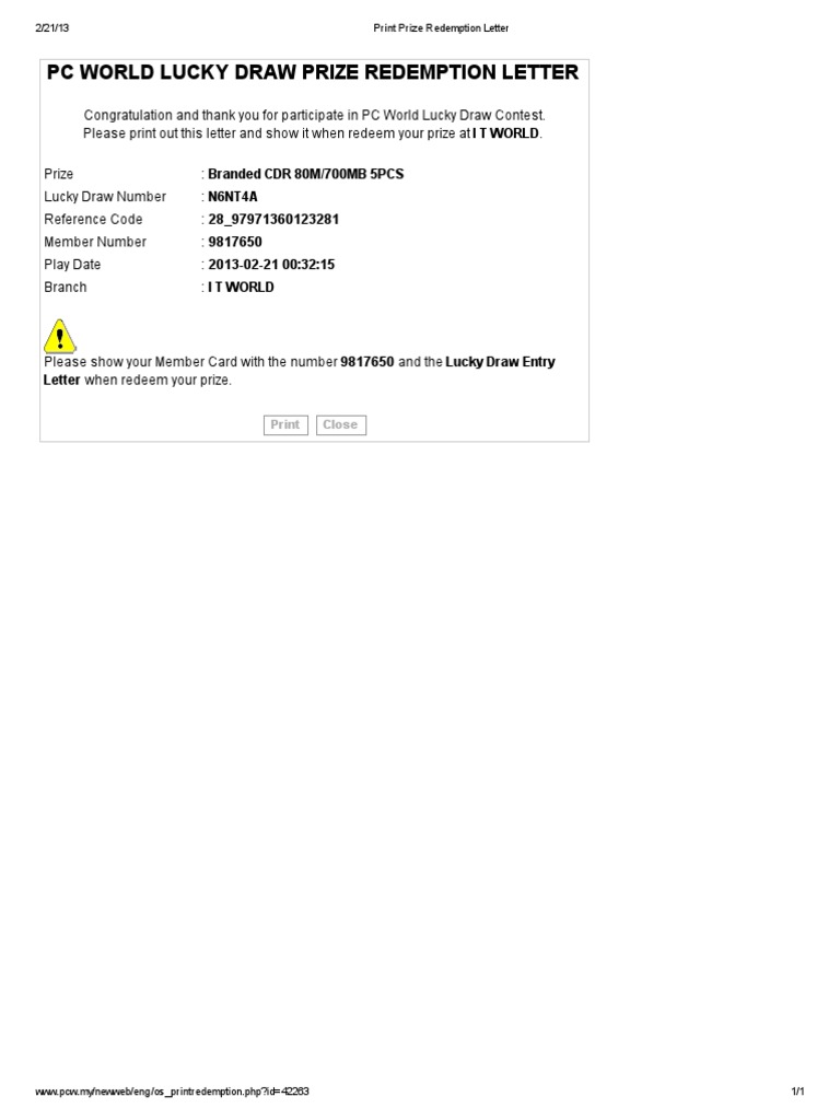 Print Prize Redemption Letter