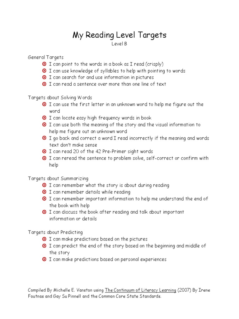 Level B Reading Skills Targets Guide | PDF | Linguistics | Cognition