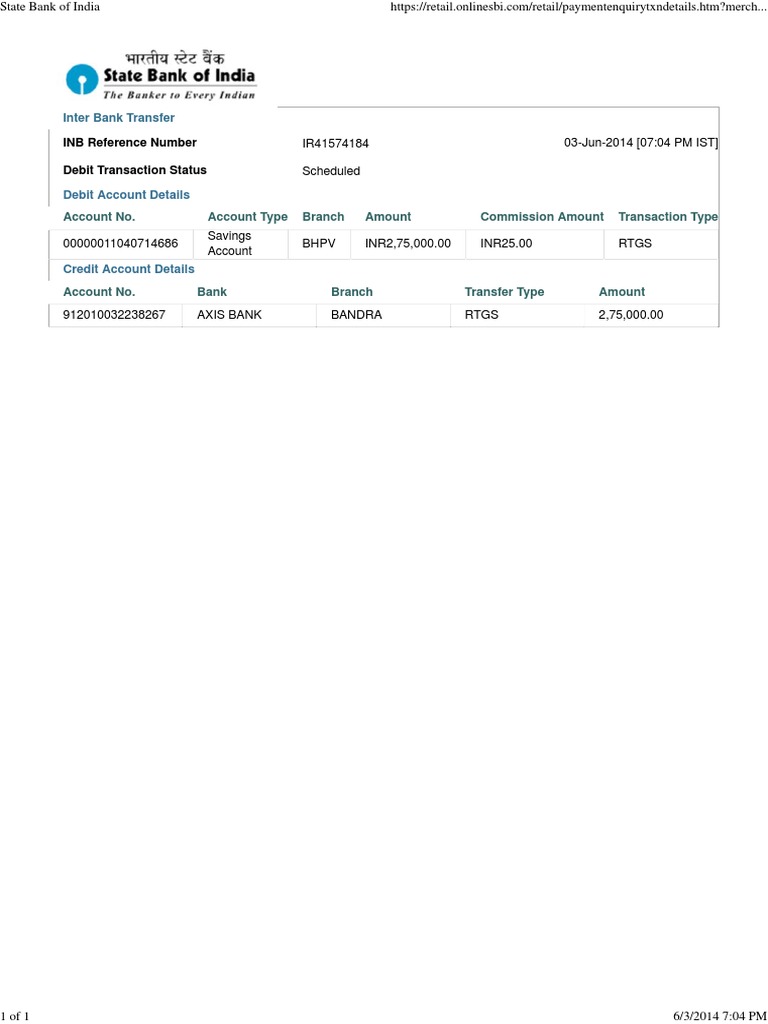 Inter Bank Transfer Details - RTGS Transaction | PDF
