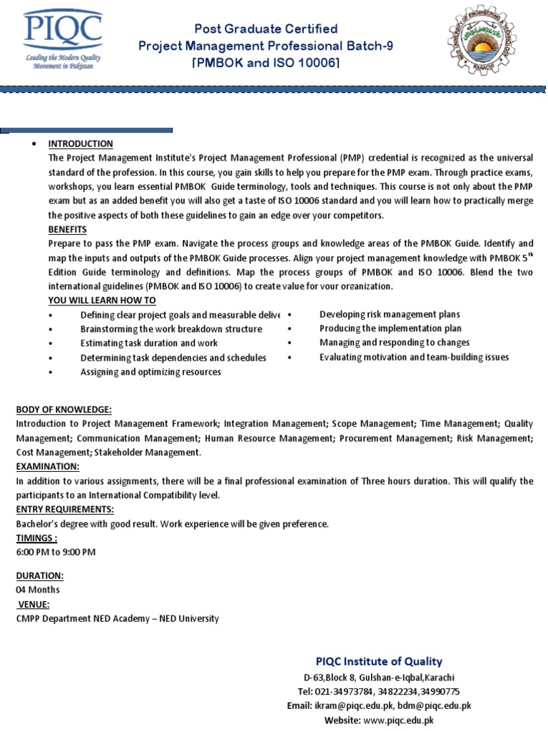Post Graduate Certified Project Management Professional Batch-9 (PMBOK ...