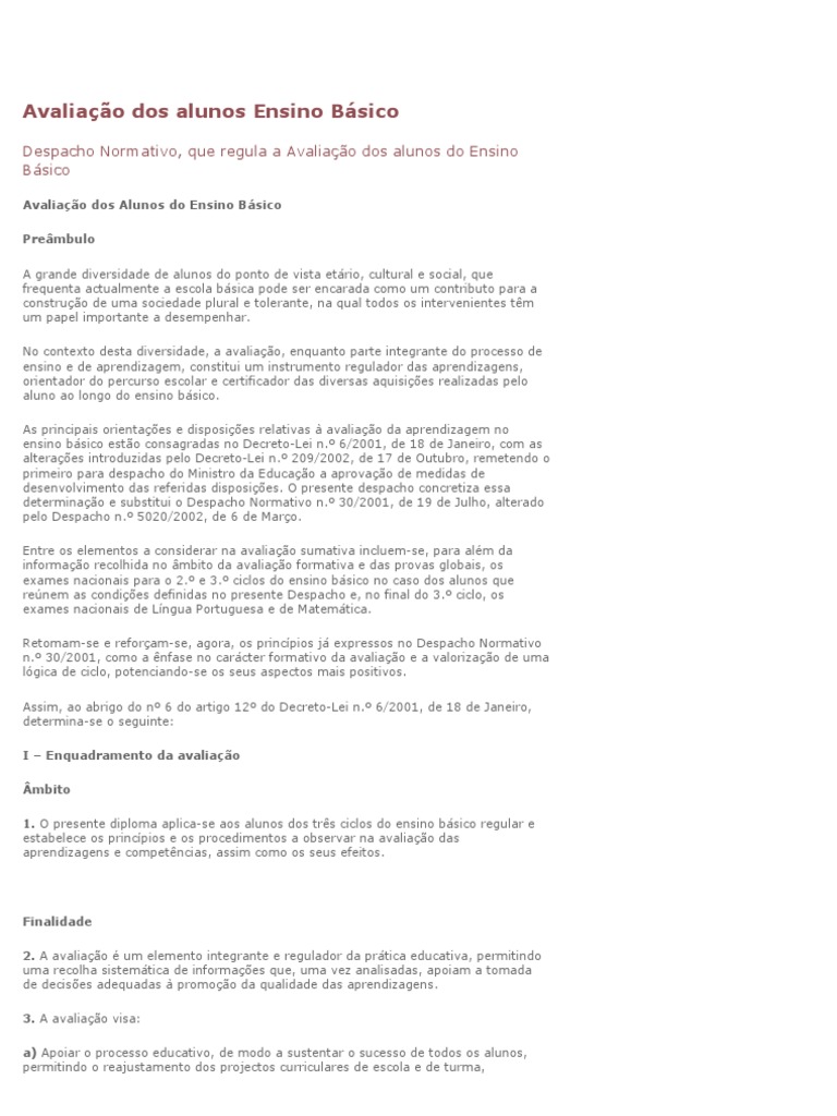 Avaliação dos Alunos no Ensino Básico | PDF | Psicologia | Modificação ...
