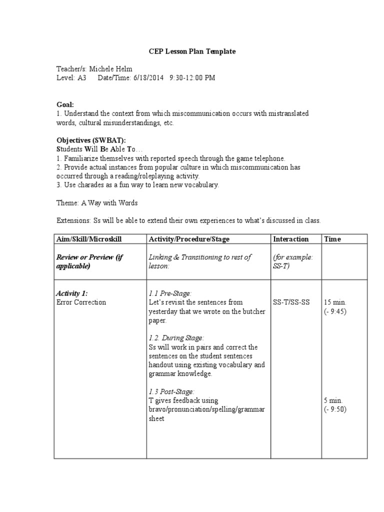 CEP Lesson Plan: Miscommunication Skills | PDF | Lesson Plan | Human ...