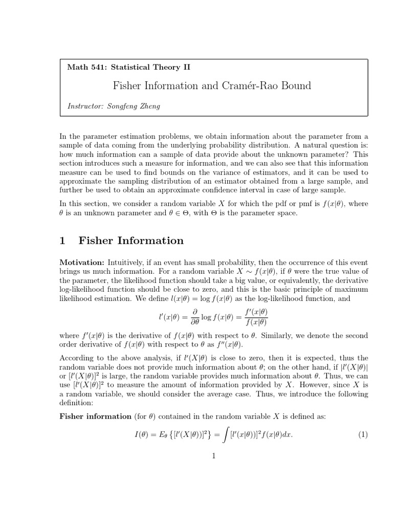 Fisher Information and Cramer-Rao Bound | PDF | Estimator | Confidence ...