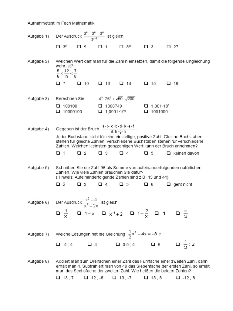 Beispiel Aufnahmeprüfung Mathematik | PDF