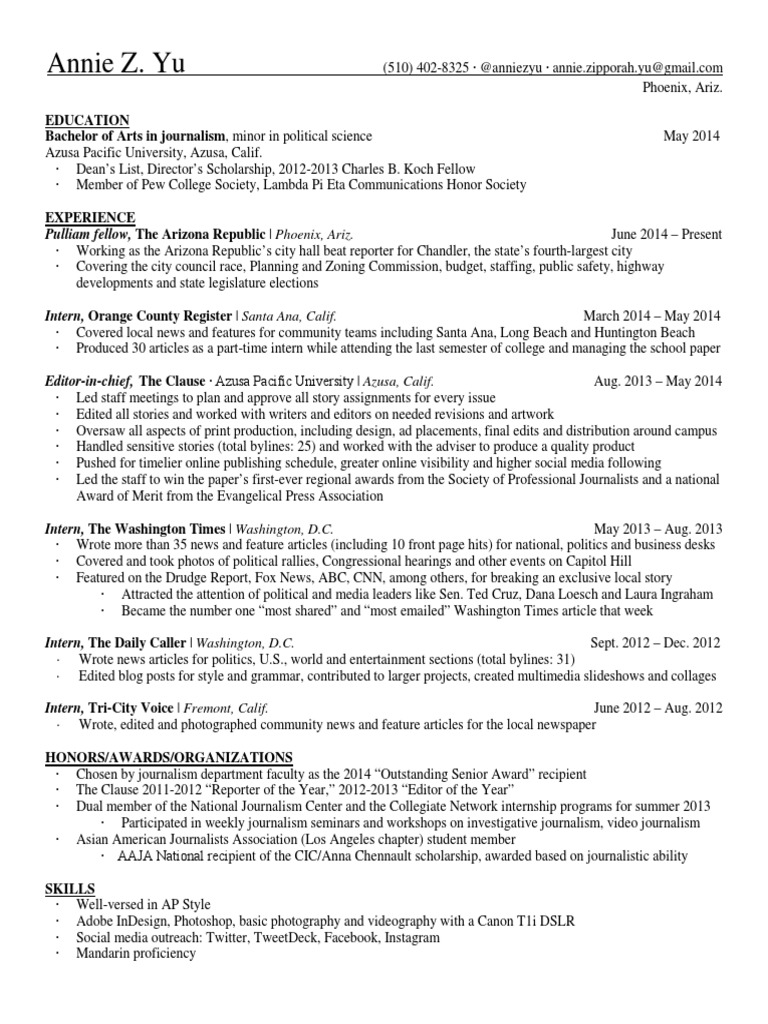 Annie Z. Yu: Journalism Resume | PDF | Journalism | News
