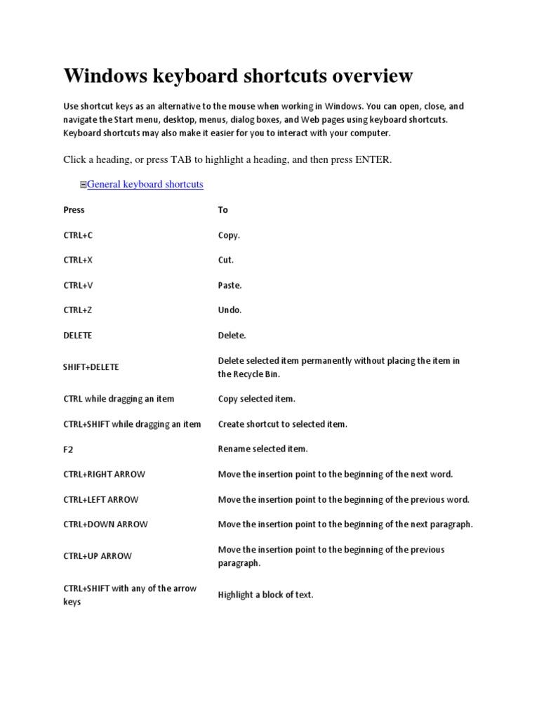 Windows Shortcuts | PDF | Computer Keyboard | Remote Desktop Services