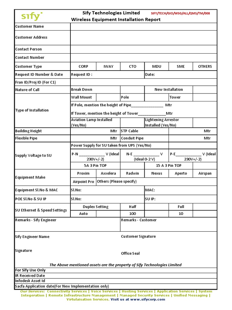 Wireless Equipment Installation Report | PDF | Technology & Engineering