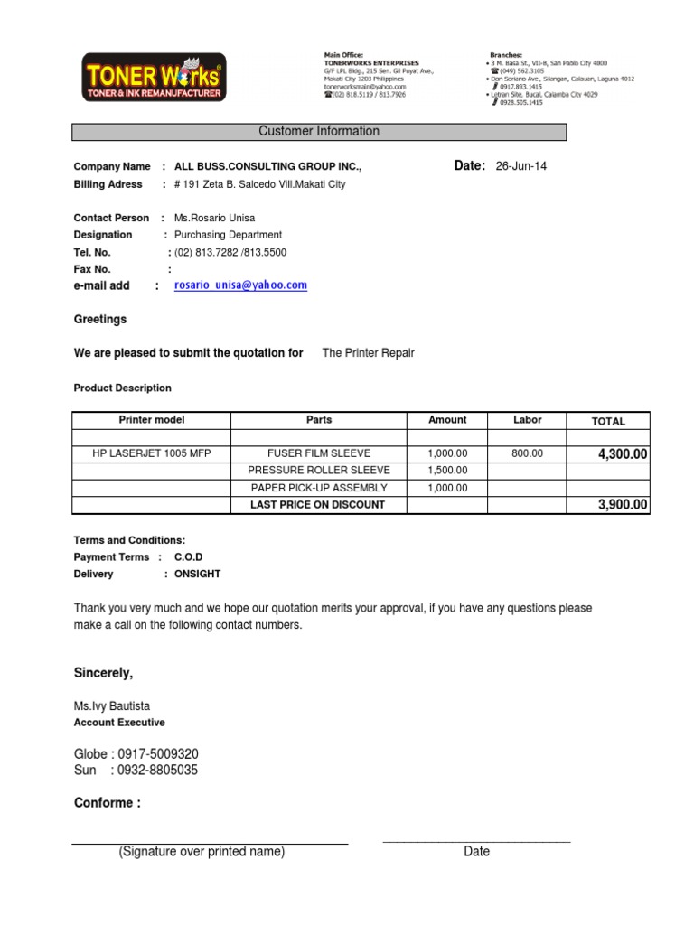 Printer Repair Quote for Purchasing | PDF | Law