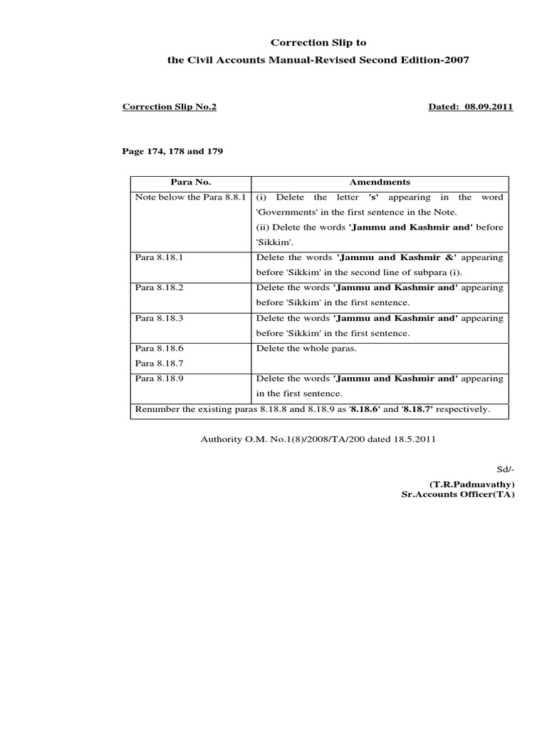 Correction Slip To The Civil Accounts ManualRevised Second Edition