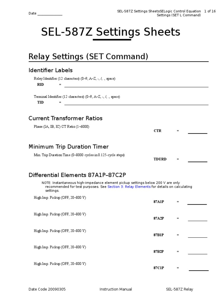SEL-587Z Settings Sheets: Relay Settings (SET Command) | PDF | Timer | Bit