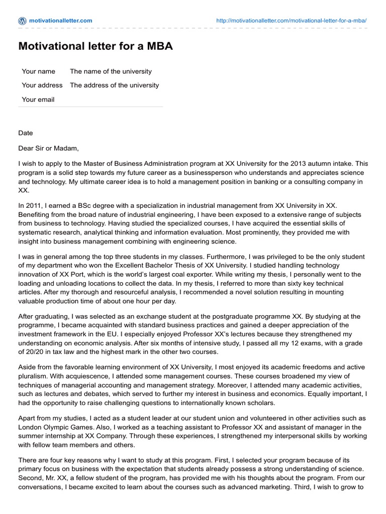 Motivational Letter for a MBA Master Of Business Administration