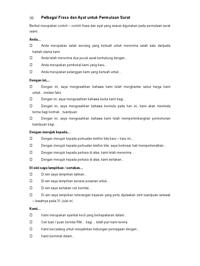 Pelbagai Frasa Dan Ayat Untuk Permulaan Surat Pdf