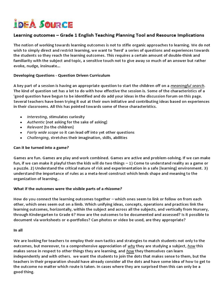 Grade 1 English Learning Outcomes Guide | PDF | Reading Comprehension ...