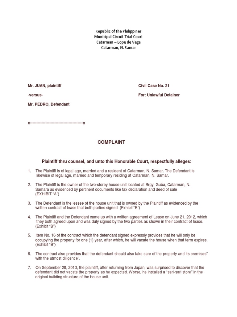 Unlawful Detainer | Plaintiff | Lease