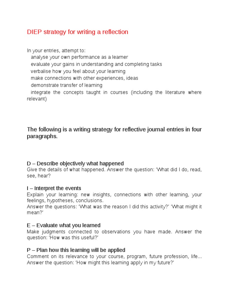 DIEP Reflection Writing Strategy Guide | PDF