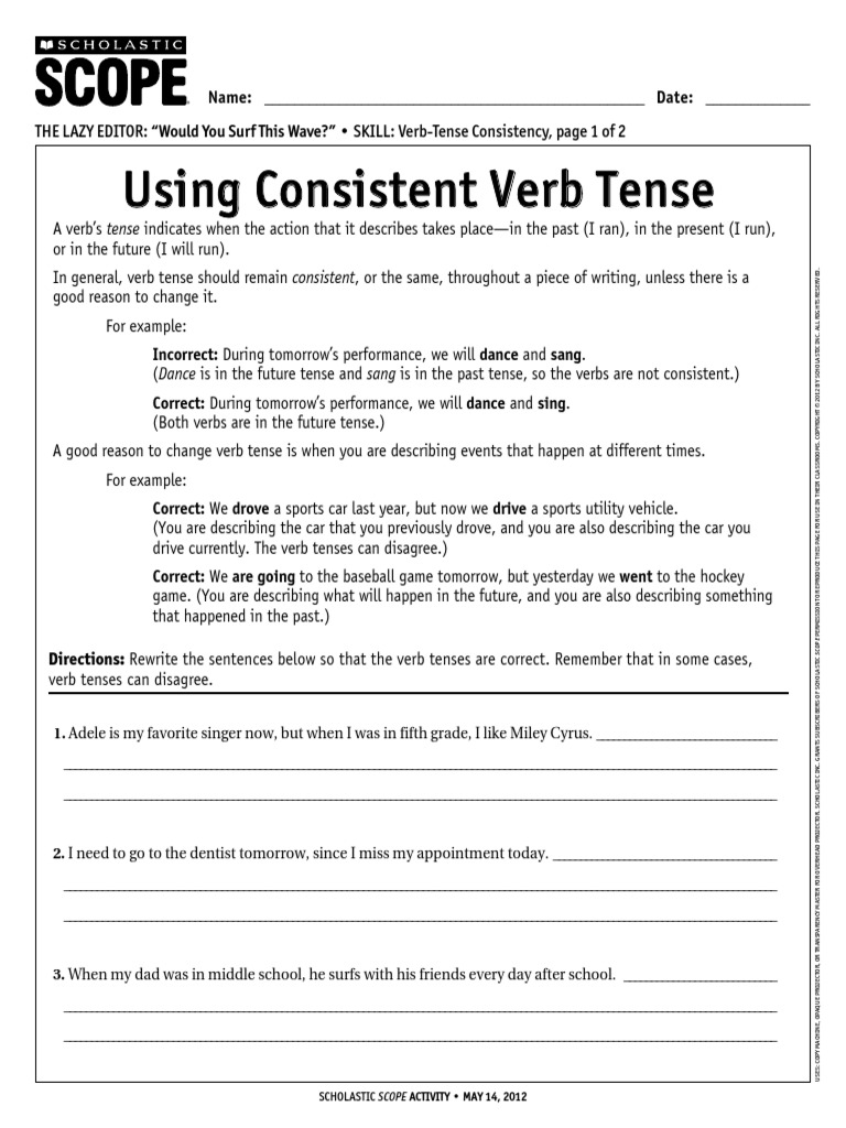 Consistency In Verb Tense Worksheet