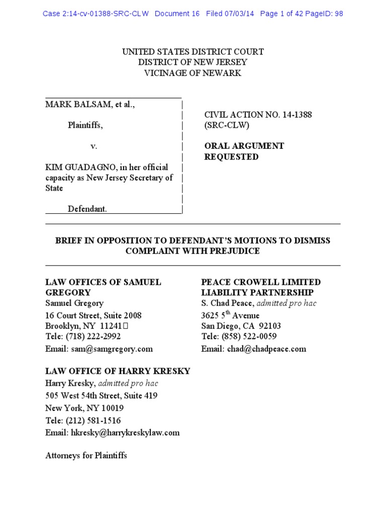 Brief in Opposition to Defendant's Motion to Dismiss New Jersey Lawsuit