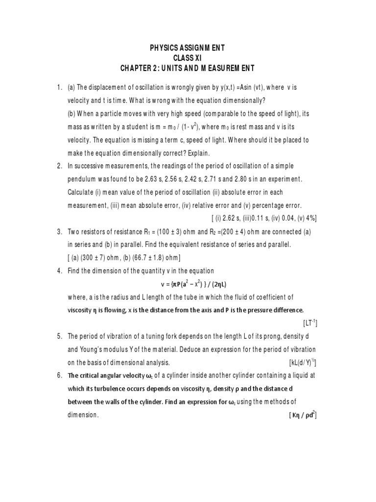 Assignment of physics class 11 image