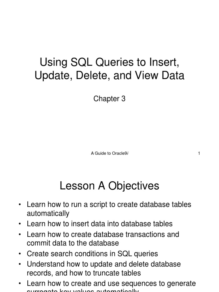 Using SQL Queries To Insert, Update, Delete, and View Data A Guide To Oracle9i 1 PDF Sql