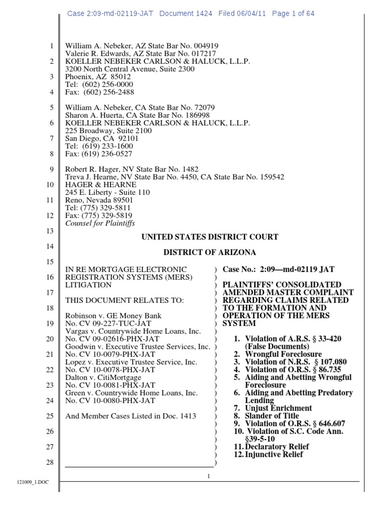 Plaintiffs' Consolidated Amended Master Complaint Regarding Claims ...