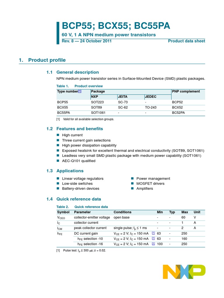 BCP55 BCX55 BC55PA: 1. Product Profile | PDF | Bipolar Junction ...