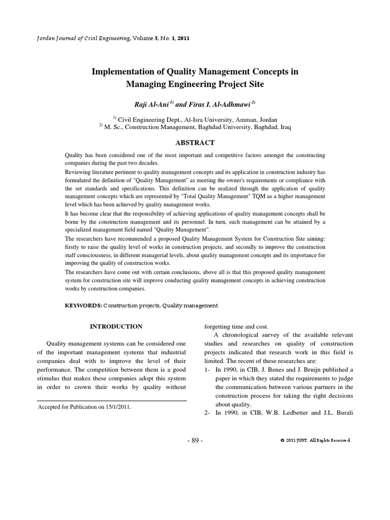 Implementation of Quality Management Concepts in Managing Engineering ...
