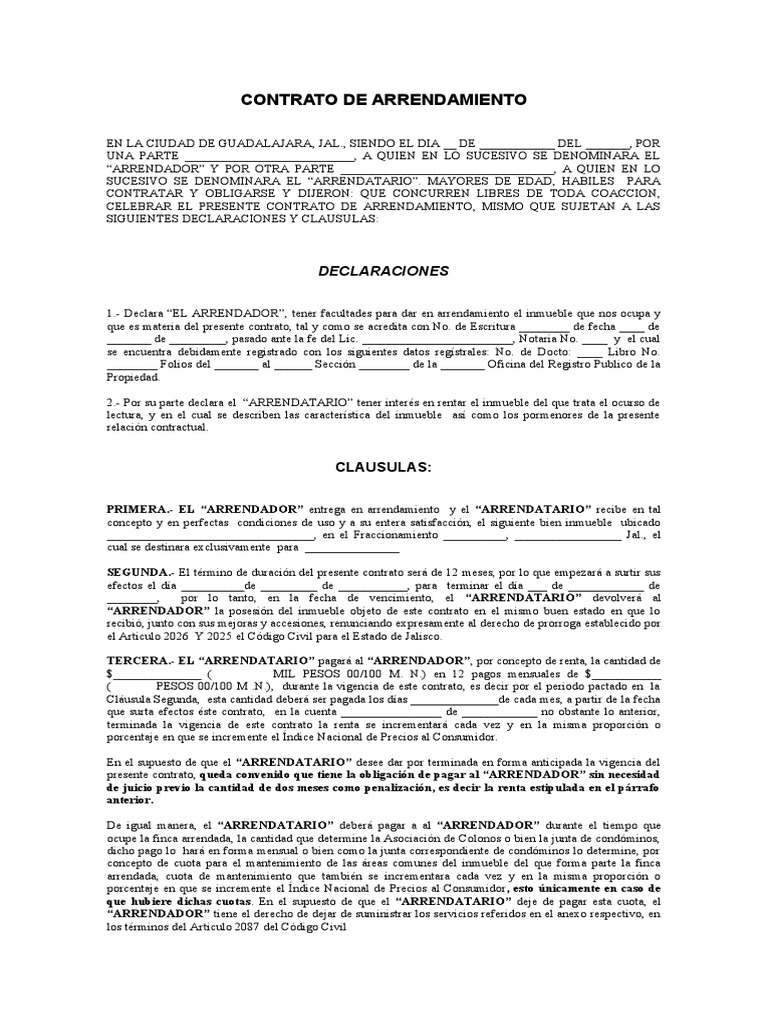 Contrato De Arrendamiento Jalisco Alquiler Pagos