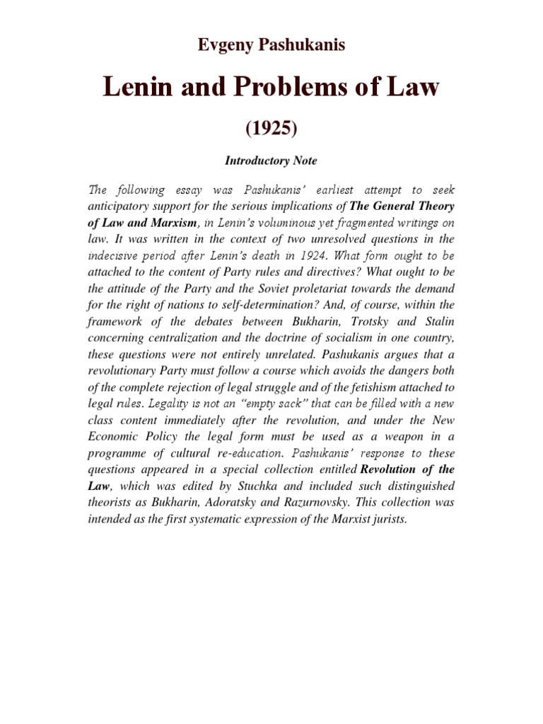 Evgeny Pashukanis Lenin and Problems of Law PDF Marxism