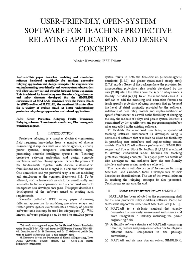 Modeling Digital Protective Relays Using MATLAB A Software Tool for