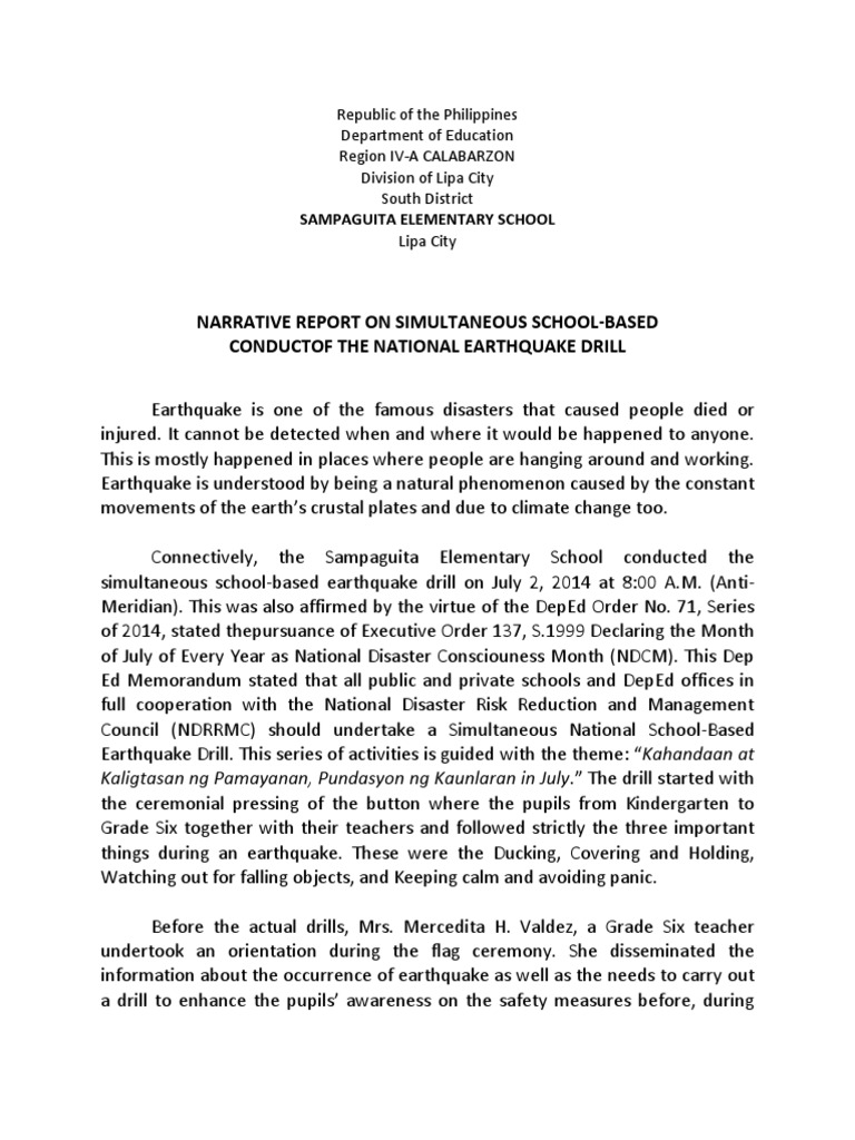 narrative template business ON EARTHQUAKE DRILL 2014.docx  NARRATIVE  Earthquakes
