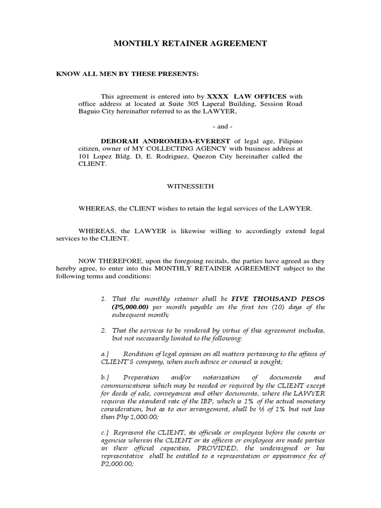 Monthly Retainer Agreement Template | PDF | Lawyer | Government Information