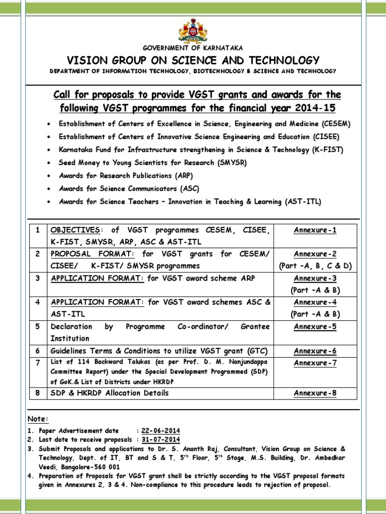 Karnataka Government Calls for Proposals for Science and Technology