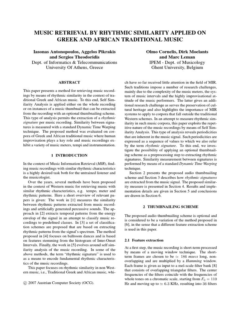 Rhythmic Similarity in Traditional Music | PDF | Rhythm | Rhythm And Meter