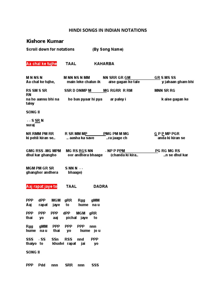 Hindi Songs In Indian Notations