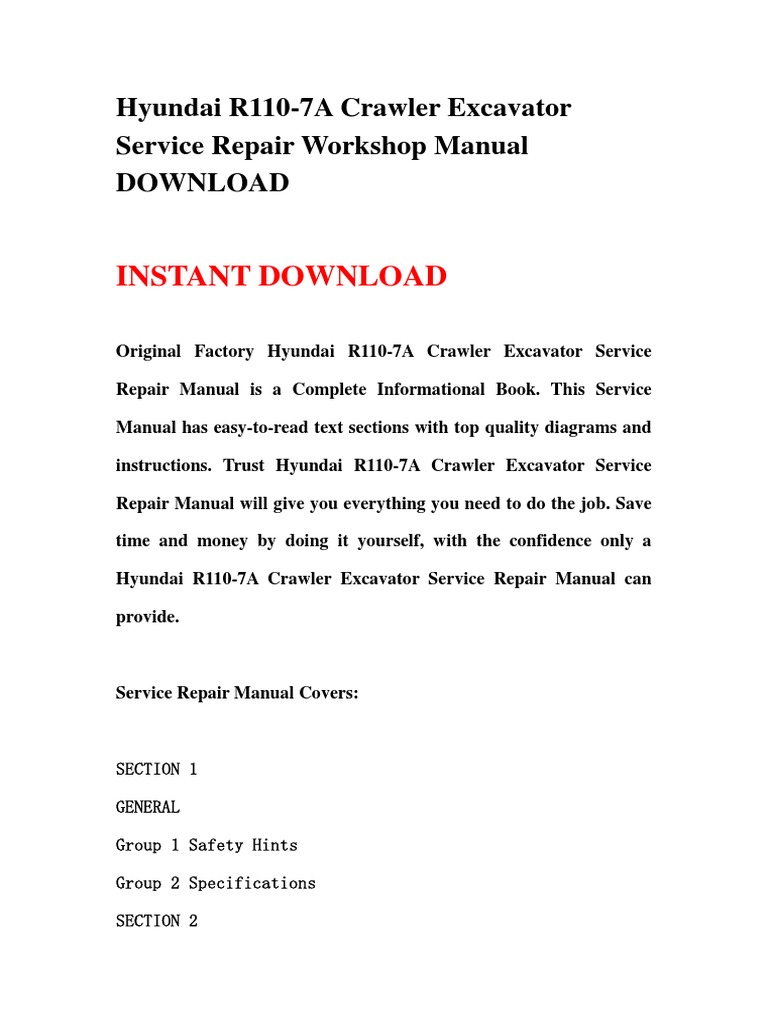 Hyundai R110-7A Crawler Excavator Service Repair Workshop Manual DOWNLOAD |  Mechanical Engineering | Manufactured Goods