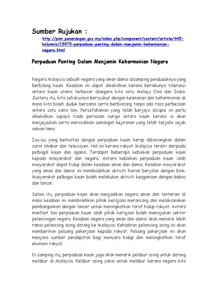 Perpaduan Kaum Contoh Pdf