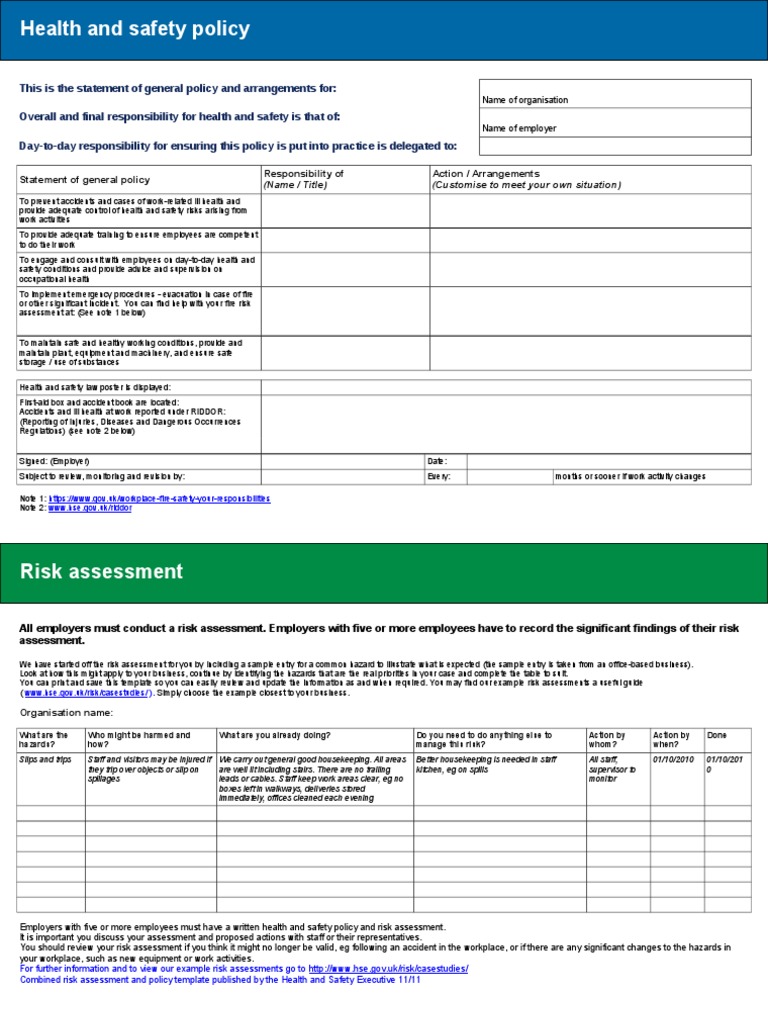 Risk Assessment and Policy Template PDF Occupational Safety And