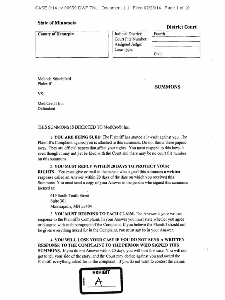 Stinchfield V MediCredit Minnesota Summons and Complaint FDCPA Ryan